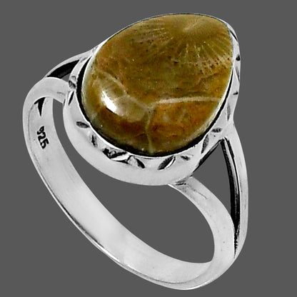Premium Quality Flower Fossil Coral Ring size-8 R-1074 52-ER14254