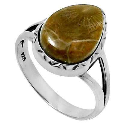 Premium Quality Flower Fossil Coral Ring size-8 R-1074 52-ER14254
