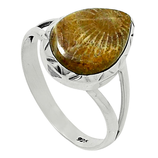 Premium Quality Flower Fossil Coral Ring size-9 R-1074 52-ER14258