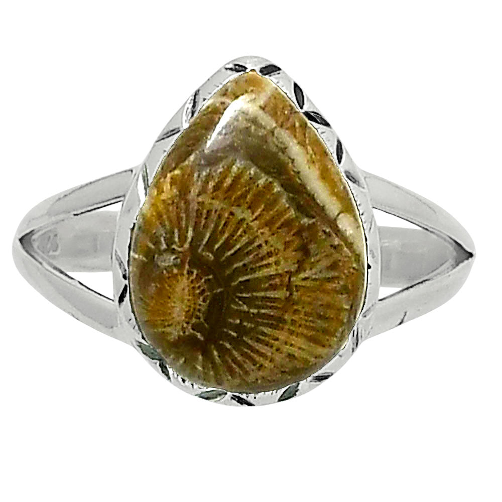 Premium Quality Flower Fossil Coral Ring size-9 R-1074 52-ER14259