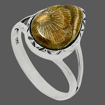 Premium Quality Flower Fossil Coral Ring size-9 R-1074 52-ER14259