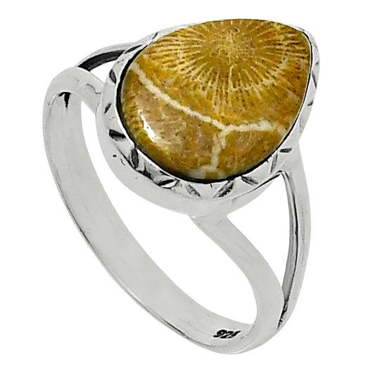 Premium Quality Flower Fossil Coral Ring size-9 R-1074 52-ER14261