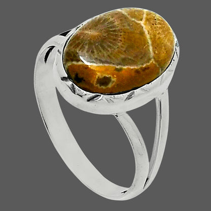 Premium Quality Flower Fossil Coral Ring size-9 R-1074 52-ER14262