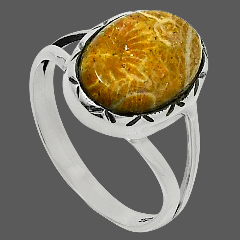 Premium Quality Flower Fossil Coral Ring size-9 R-1074 52-ER14263