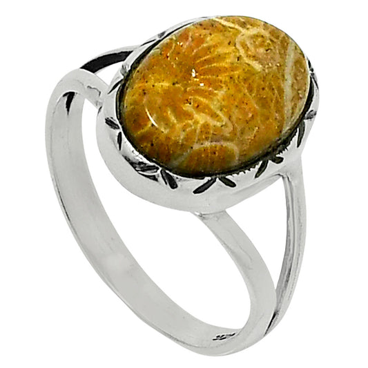 Premium Quality Flower Fossil Coral Ring size-9 R-1074 52-ER14263