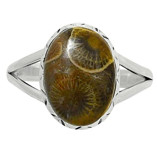 Premium Quality Flower Fossil Coral Ring size-10 R-1074 52-ER14269