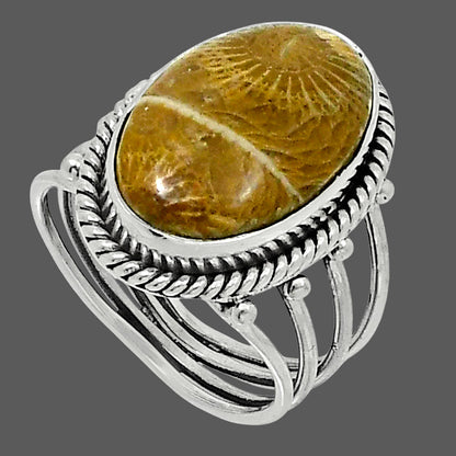 Premium Quality Flower Fossil Coral Ring size-7 R-1010 52-ER14307