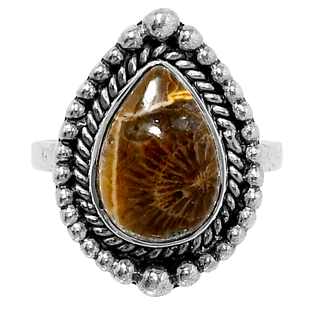 Premium Quality Flower Fossil Coral Ring size-5 R-1154 52-ER14315