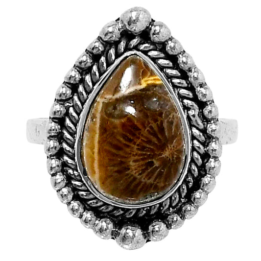 Premium Quality Flower Fossil Coral Ring size-5 R-1154 52-ER14315