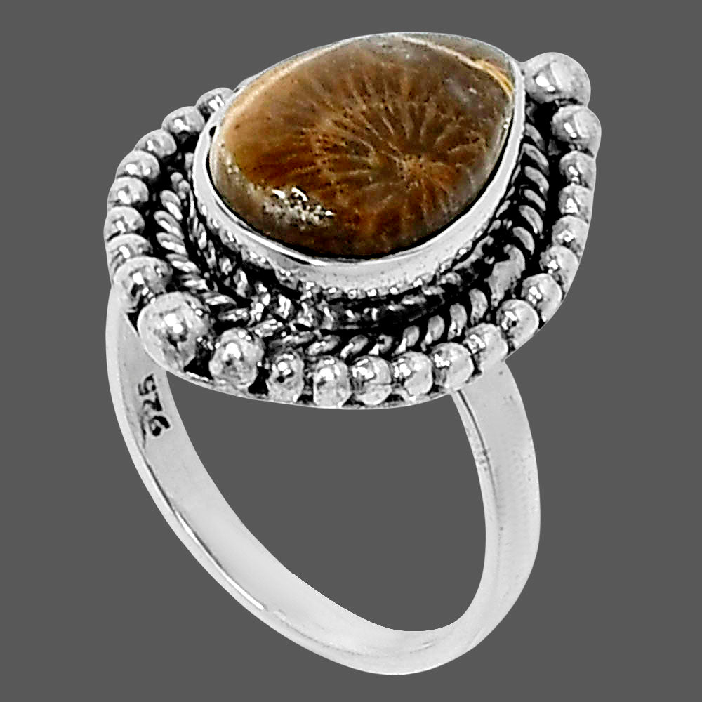 Premium Quality Flower Fossil Coral Ring size-5 R-1154 52-ER14315