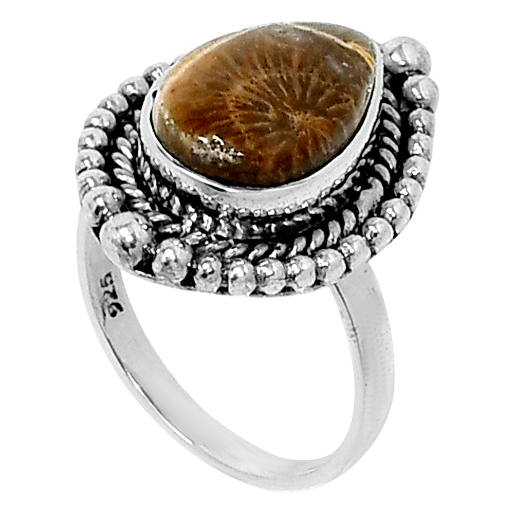 Premium Quality Flower Fossil Coral Ring size-5 R-1154 52-ER14315