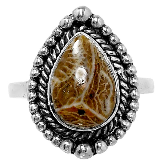 Premium Quality Flower Fossil Coral Ring size-7 R-1154 52-ER14317