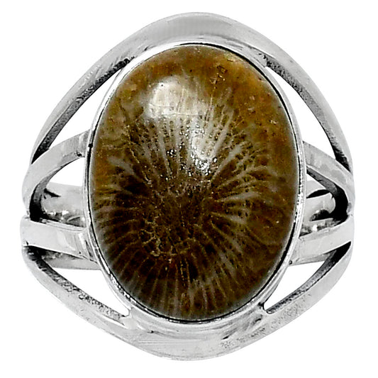 Premium Quality Flower Fossil Coral Ring size-7 R-1219 52-ER14329