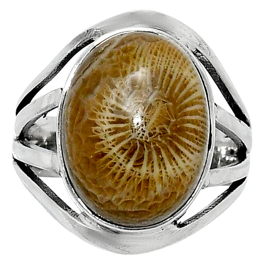 Premium Quality Flower Fossil Coral Ring size-7 R-1219 52-ER14332