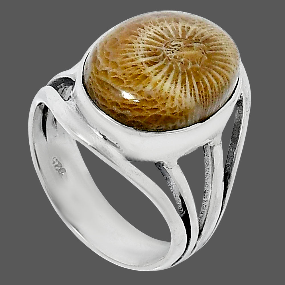 Premium Quality Flower Fossil Coral Ring size-7 R-1219 52-ER14332