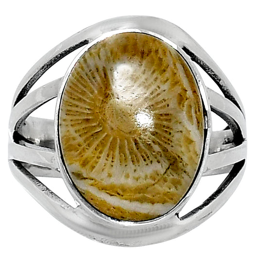 Premium Quality Flower Fossil Coral Ring size-8 R-1219 52-ER14333