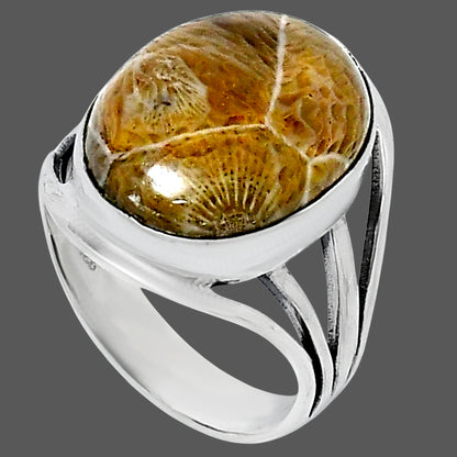 Premium Quality Flower Fossil Coral Ring size-10 R-1219 52-ER14337