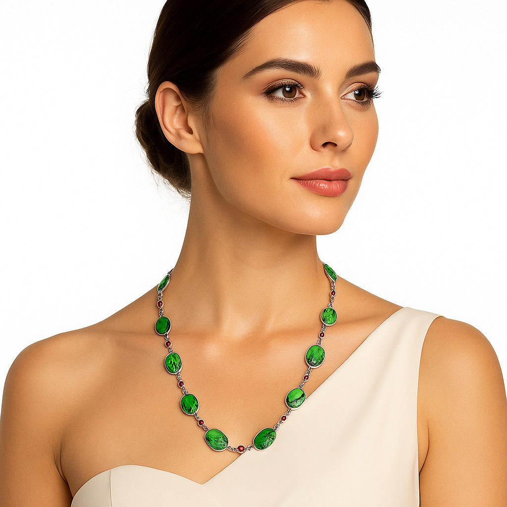 Premium Quality Green Matrix Turquoise & Garnet Necklace N-1024 53-EN10153