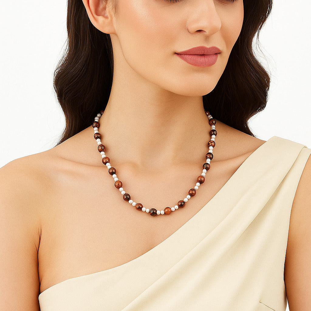 Premium Australian Pilbara Jasper & Pearl Beaded Necklace N-1025 56-EN10160