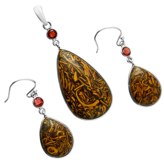 Premium Coquina Fossil Jasper & Garnet Pendant Earrings Set T-1010 56-ET10127