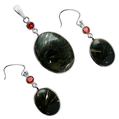Premium Quality Bat Cave Jasper & Garnet Pendant Earrings Set T-1010 56-ET10128