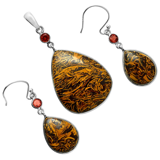 Premium Coquina Fossil Jasper & Garnet Pendant Earrings Set T-1010 56-ET10129