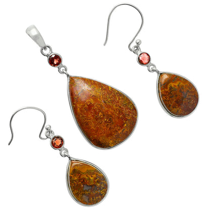 Premium Rare Cady Mountain Agate & Garnet Pendant Earrings Set T-1010 57-ET10132