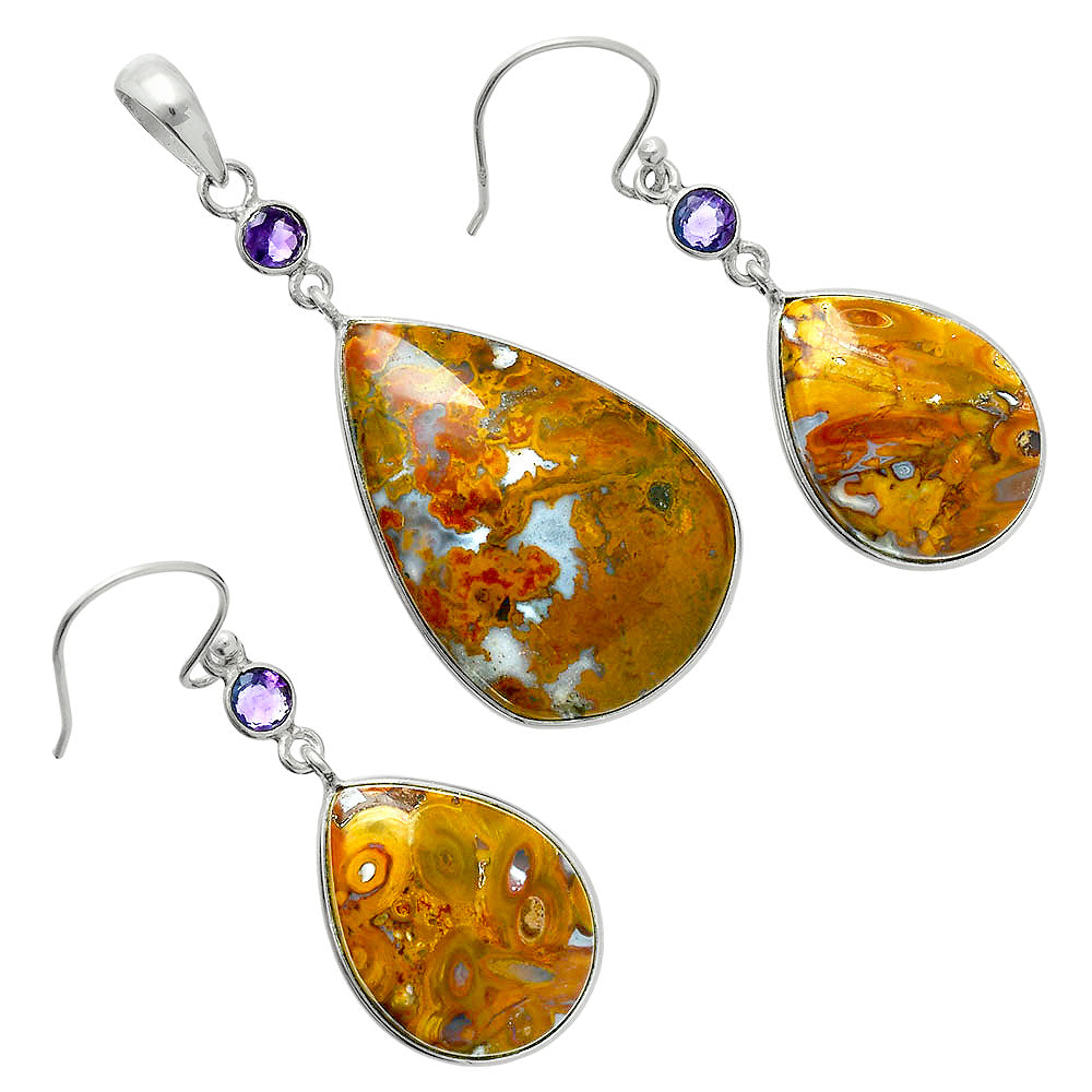 Premium Red Palm Root Agate & Amethyst Pendant Earrings Set T-1010 57-ET10133