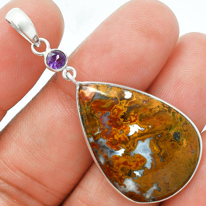 Premium Red Palm Root Agate & Amethyst Pendant Earrings Set T-1010 57-ET10133
