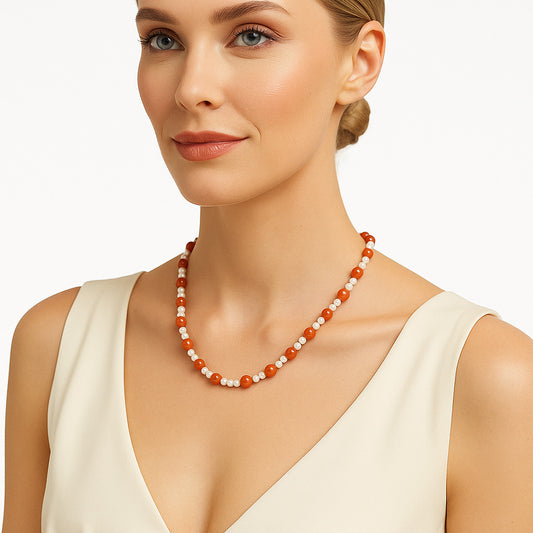 Premium Quality Carnelian & Pearl Beaded Necklace N-1025 58-EN10186