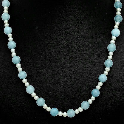 Premium Quality Aquamarine - Brazil & Pearl Beaded Necklace N-1025 58-EN10188
