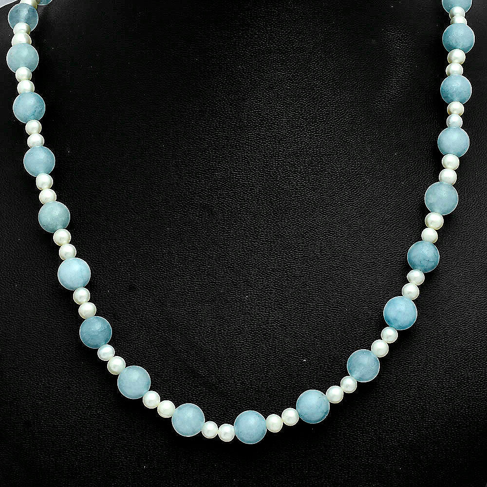 Premium Quality Aquamarine - Brazil & Pearl Beaded Necklace N-1025 58-EN10190