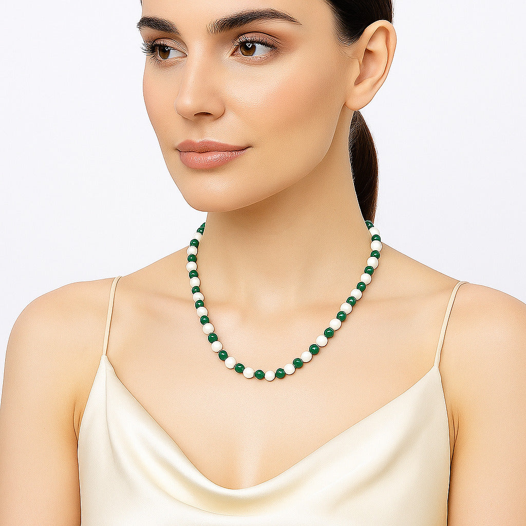 Premium Quality Nephrite Jade & Pearl Beaded Necklace N-1025 58-EN10192