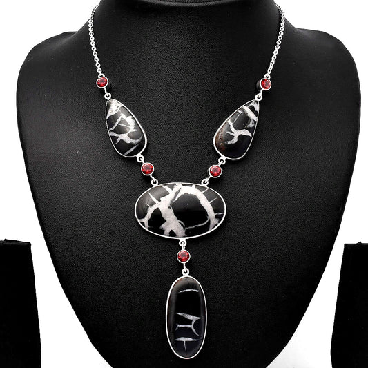 Natural Black Septarian & Garnet Necklace N-1023 58-EN10196
