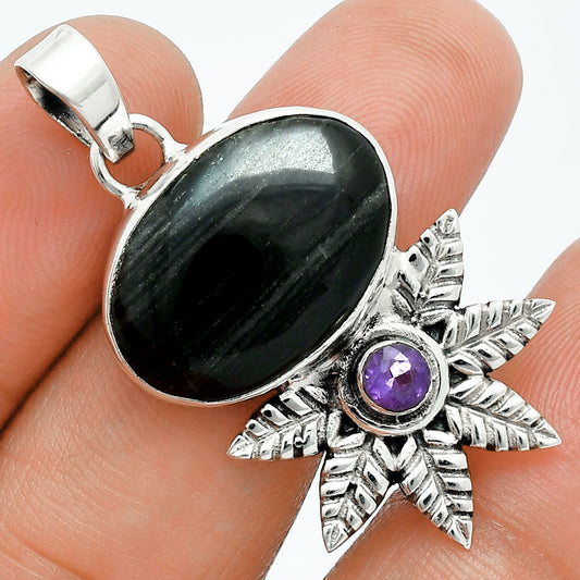 Premium Quality Silver Leaf Obsidian & Amethyst Pendant P-1425 58-EP10746