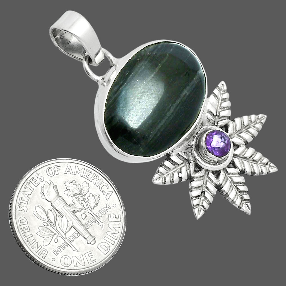 Premium Quality Silver Leaf Obsidian & Amethyst Pendant P-1425 58-EP10746