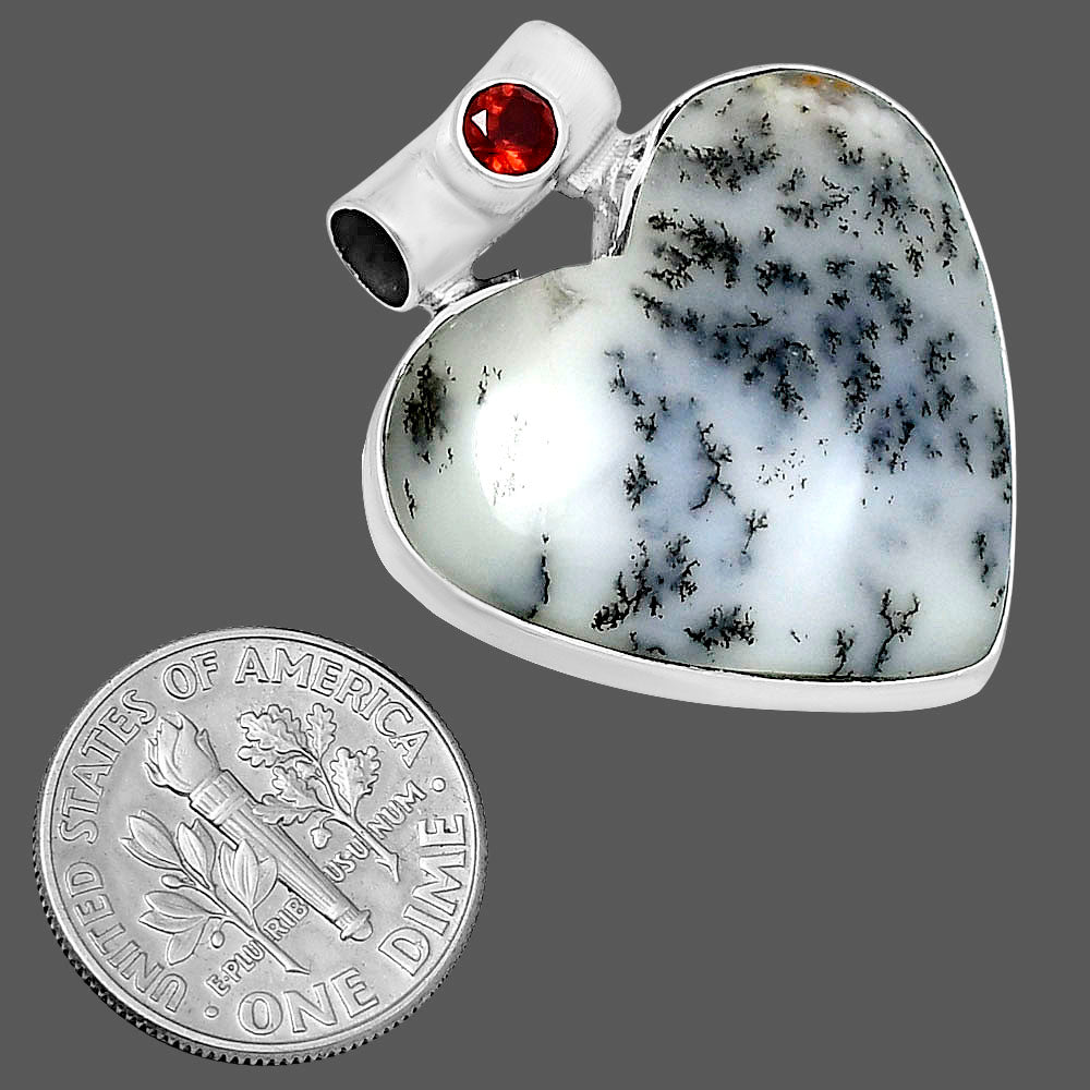 Premium Heart Merlinite Dendritic Opal & Garnet Pendant P-1300 58-EP10821