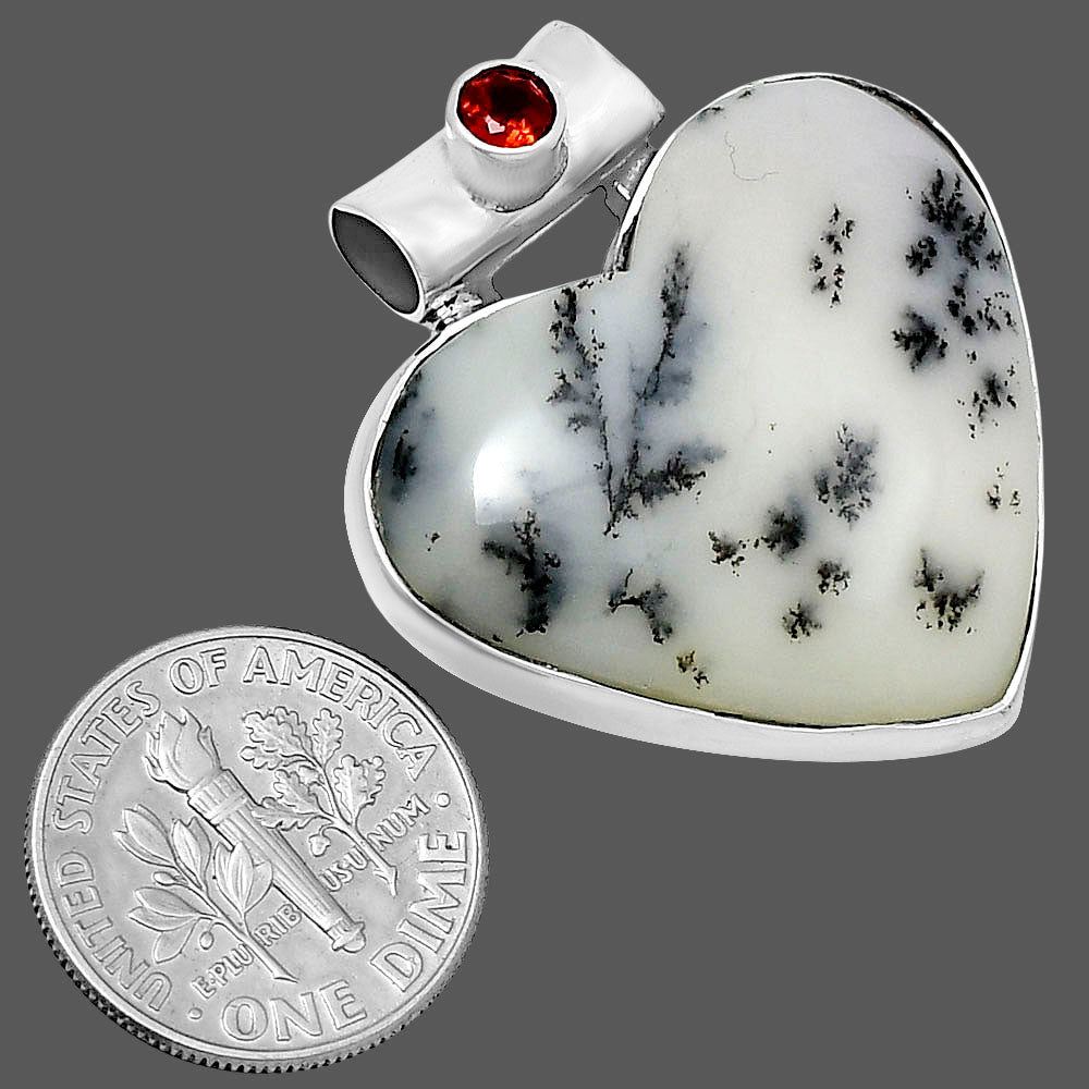 Premium Heart Merlinite Dendritic Opal & Garnet Pendant P-1300 58-EP10823