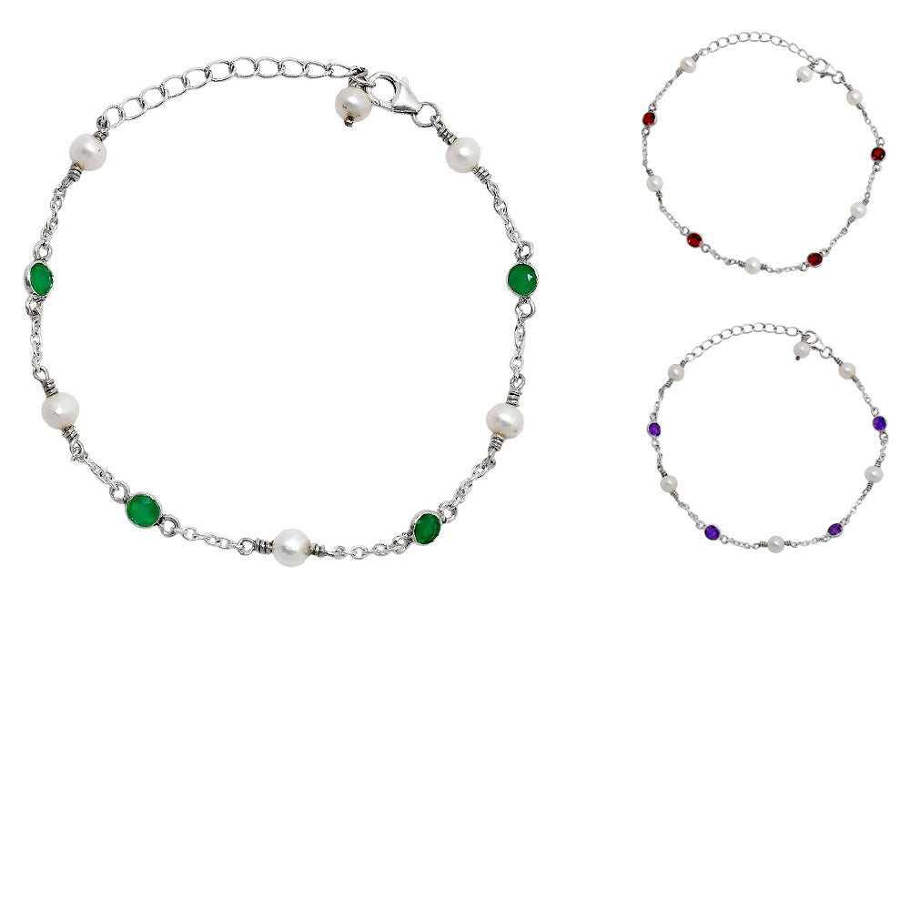 Minimalist Pearl & Gemstone 925 Sterling Silver Chain Bracelet for Women AGB1001 B-1048