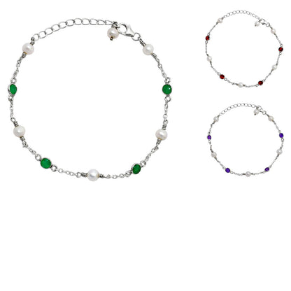 Minimalist Pearl & Gemstone 925 Sterling Silver Chain Bracelet for Women AGB1001 B-1048