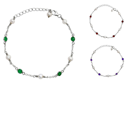 Minimalist Pearl & Gemstone 925 Sterling Silver Chain Bracelet for Women AGB1001 B-1048