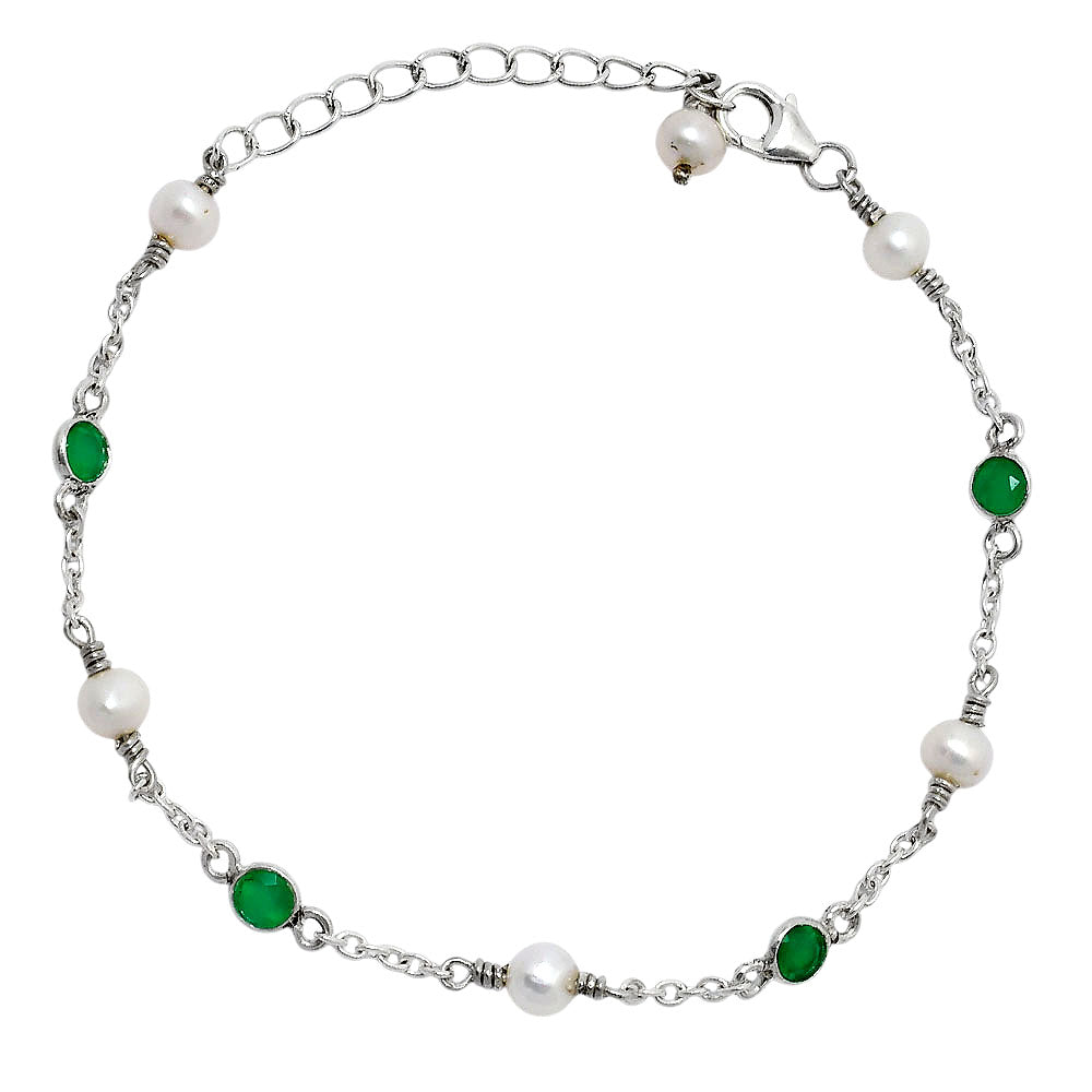 Minimalist Pearl & Gemstone 925 Sterling Silver Chain Bracelet for Women AGB1001 B-1048