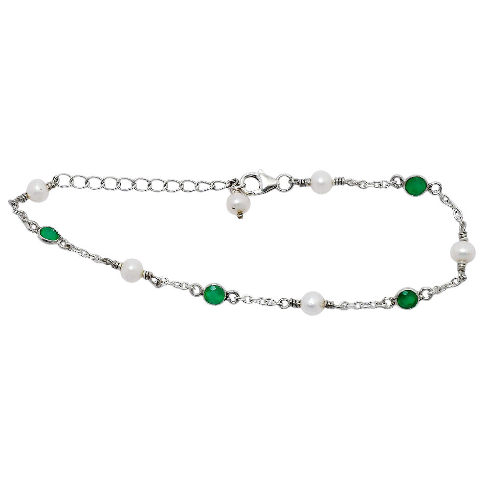 Minimalist Pearl & Gemstone 925 Sterling Silver Chain Bracelet for Women AGB1001 B-1048
