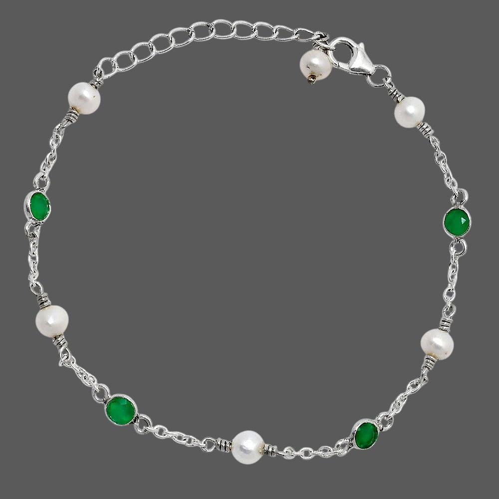 Minimalist Pearl & Gemstone 925 Sterling Silver Chain Bracelet for Women AGB1001 B-1048