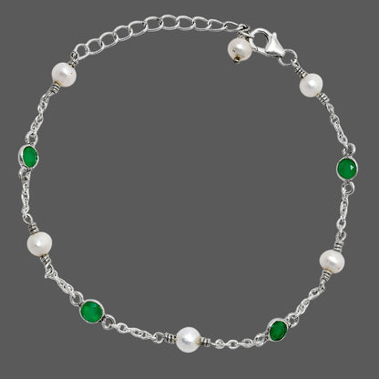 Minimalist Pearl & Gemstone 925 Sterling Silver Chain Bracelet for Women AGB1001 B-1048