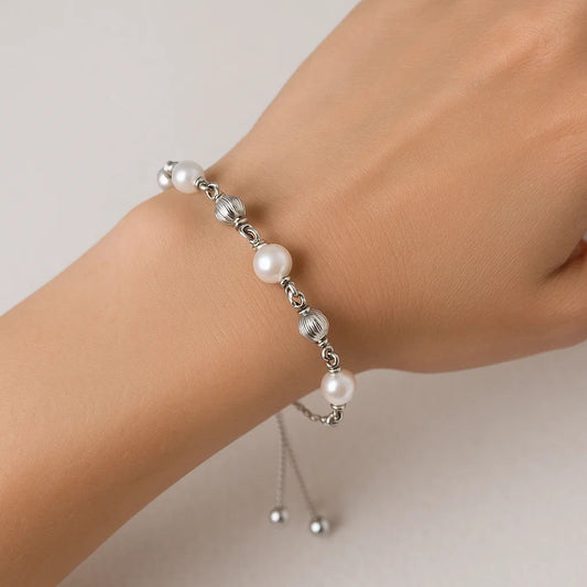 Adjustable 925 Silver Pearl & Gemstone Beaded Bracelet Jewelry for Women AGB1003 B-1024