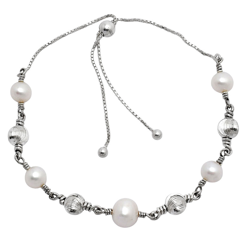 Adjustable 925 Silver Pearl & Gemstone Beaded Bracelet Jewelry for Women AGB1003 B-1024