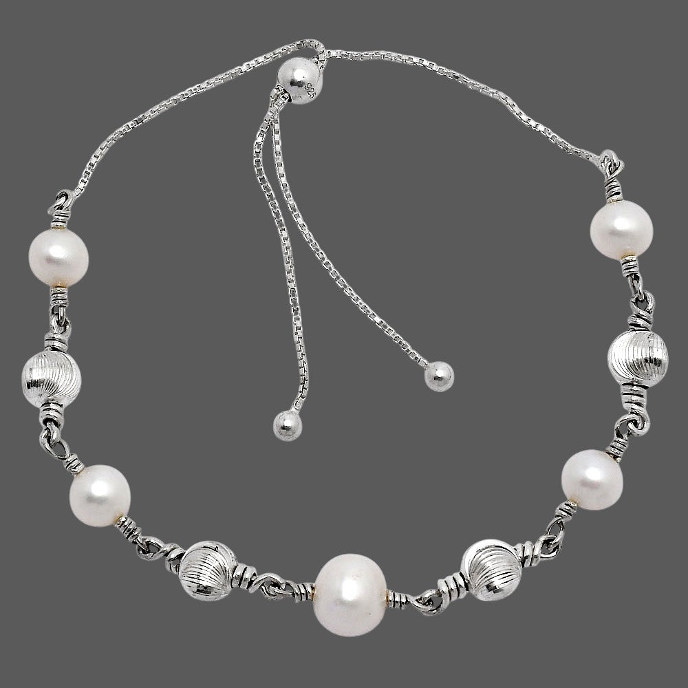 Adjustable 925 Silver Pearl & Gemstone Beaded Bracelet Jewelry for Women AGB1003 B-1024