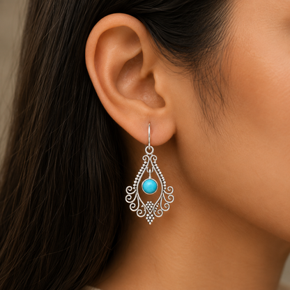 925 Sterling Silver Boho Filigree Gemstone Dangle Earrings for Women AGE1002 E-1075