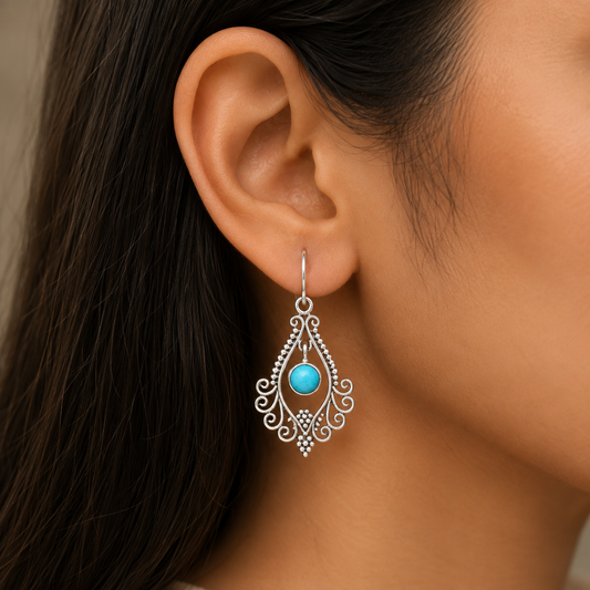 925 Sterling Silver Boho Filigree Gemstone Dangle Earrings for Women AGE1002 E-1075